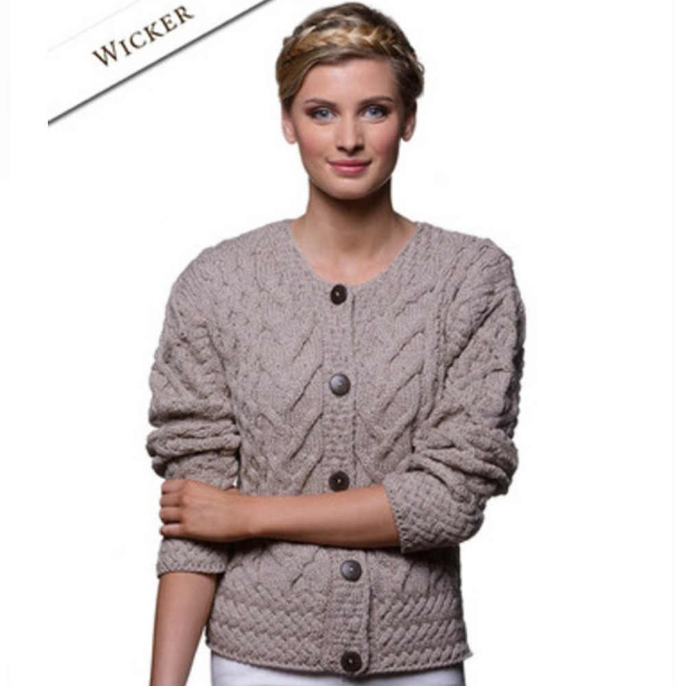 Carraig Donn Aran Stitch Soft Merino Boyfriend Cardigan Cable Knit szL  BinP
